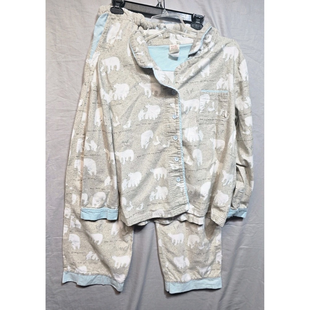 Munki Munki Womens L Gray Fleece Flannel Polar Bear Arctic Pajama Set